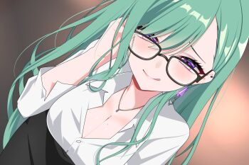 Rule 34 | 1girl, :q, black-framed eyewear, black skirt, breasts, button gap, buttons, cleavage, closed mouth, collared shirt, commentary request, dress shirt, dutch angle, ear piercing, earrings, glasses, green hair, hair between eyes, hand up, highres, jewelry, large breasts, leaning forward, long hair, long sleeves, looking at viewer, mole, mole on breast, necklace, office lady, omas lie, piercing, purple eyes, shirt, skirt, smile, solo, straight hair, tongue, tongue out, virtual youtuber, vspo!, white shirt, yakumo beni