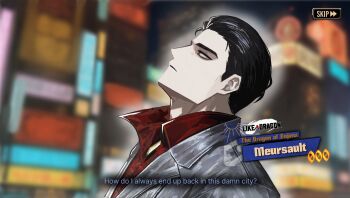 1boy black_hair character_name city coat collared_coat collared_shirt cosplay english_text expressionless hair_slicked_back kiryu_kazuma kiryu_kazuma_(cosplay) limbus_company looking_up male_focus meursault_(project_moon) paulcamadonnas project_moon ryuu_ga_gotoku_(series) ryuu_ga_gotoku_1 shirt short_hair thick_eyebrows user_interface white_coat