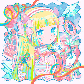 1girl blonde_hair blue_background blue_eyes border bow clock commentary_request demon_horns flower grid_background hair_bow highres hiro046k holding holding_flower horns long_hair long_sleeves looking_at_viewer original pink_bow pink_flower pink_shirt radio red_ribbon ribbon shirt simple_background solo sparkle white_background