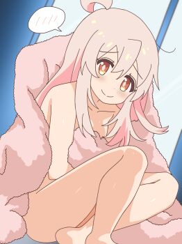 1girl ahoge bare_arms bare_legs bare_shoulders barefoot blanket brown_eyes closed_mouth colored_inner_hair commentary_request hair_between_eyes highres long_hair looking_at_viewer multicolored_hair no_panties nude onii-chan_wa_oshimai! oyama_mahiro pink_hair shirosakiyomogi sitting smile solo two-tone_hair