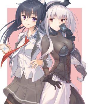 2girls alfou_(wixoss) black_bodysuit black_corset black_hair black_skirt bodysuit breasts card cleavage closed_mouth collared_shirt corset fumimaru grey_hair holding holding_card looking_at_viewer medium_breasts medium_hair multiple_girls purple_eyes red_eyes selector_wixoss shirt short_hair short_hair_with_long_locks sidelocks skirt smile trading_card white_shirt white_skirt wixoss