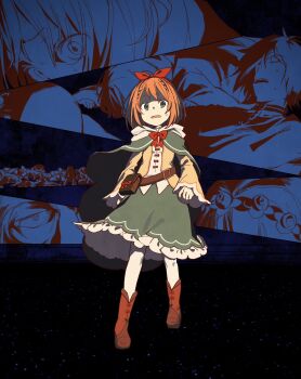 8_humi bag black_background boots bow_hairband brown_bag character_request chin_(re:zero) cloak commentary_request corpse full_body green_cloak green_eyes green_skirt hairband highres long_sleeves multiple_boys multiple_girls orange_hair petra_leyte re:zero_kara_hajimeru_isekai_seikatsu red_boots red_hairband simple_background skirt solo_focus spoilers sweatdrop