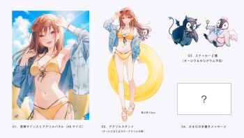 1girl :d adjusting_eyewear angel_and_devil bikini bird blue_halo blue_jacket breasts brown_hair cleavage commentary_request eyewear_on_head front-tie_bikini_top front-tie_top halo highres jacket jacket_over_swimsuit looking_at_viewer medium_breasts multi-strapped_bikini_bottom multiple_views navel open_mouth original penguin pink_eyes sandals side-tie_bikini_bottom smile stomach sunglasses swimsuit tadano_yukiko translation_request yellow_bikini yellow_sandals