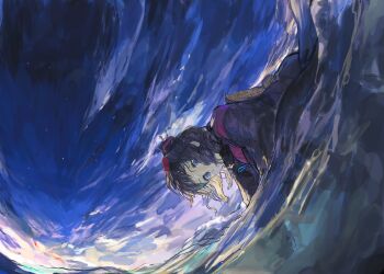 1girl absurdres all_fours blue_sky cloud cloudy_sky commentary_request dutch_angle fate/grand_order fate_(series) feet_out_of_frame fisheye hair_ornament highres japanese_clothes katsushika_hokusai_(fate) katsushika_hokusai_(first_ascension)_(fate) kimono looking_down medium_hair ocean outdoors partially_submerged purple_eyes purple_hair purple_kimono sky solo star_(sky) twilight water wavy_hair wet wet_hair yorurokujuu