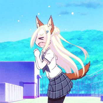 &gt;_&lt; 10s 1girl animal_ears animated animated_gif blonde_hair blue_eyes blush closed_eyes cloud fang female_focus fence fox_ears fox_tail hana_n._fountainstand hanayamata kemonomimi_mode long_hair lowres outdoors pantyhose pointing rooftop school school_uniform screencap serafuku short_sleeves sky solo tail talking