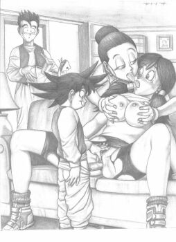 2boys 2girls age_difference bike_shorts breasts chi-chi_(dragon_ball) dragon_ball dragonball_z greyscale hair_bun hetero incest large_breasts mff_threesome monochrome multiple_boys multiple_girls nipples non-web_source onee-shota pandora's_box penis pussy sex shota single_hair_bun son_gohan son_goten torn_clothes uncensored vaginal videl walk-in