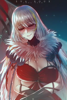 1girl black_flower black_gloves black_rose blonde_streaks breasts character_name cleavage closed_eyes code_vein commentary cross_scar dress english_commentary eva_roux flower gloves highres large_breasts multicolored_hair red_dress rose scar scar_on_arm scar_on_face short_hair sleeping solo streaked_hair swordwaltz torn_clothes torn_dress upper_body white_hair