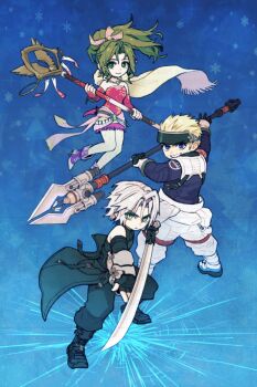 1girl 2boys aerith_gainsborough aerith_gainsborough_(terra&#039;s_garb) astronaut black_gloves black_pants blonde_hair blue_eyes boots breasts brown_hair cape cid_highwind cid_highwind_(astronaut) closed_mouth commentary_request cosplay detached_sleeves dress elbow_gloves final_fantasy final_fantasy_vii final_fantasy_vii:_ever_crisis fingerless_gloves gloves green_eyes grey_hair hair_between_eyes hair_ribbon hair_slicked_back high_heel_boots high_heels holding holding_polearm holding_staff holding_sword holding_weapon komm_ec_7 long_hair medium_breasts multiple_boys official_alternate_costume pants pink_ribbon polearm ponytail red_boots red_dress red_sleeves ribbon sash sephiroth sephiroth_(edged_wings) sephiroth_(ever_crisis) short_dress short_hair sleeveless sleeveless_turtleneck slit_pupils smile spacesuit staff strapless strapless_dress sword terra_branford_(cosplay) tina_branford tube_dress turtleneck visor_(armor) waist_sash weapon white_pants yellow_cape