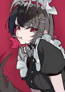 1girl black_dress black_hair breasts candy colored_inner_hair commentary_request dress ellen_joe fins fish_tail food from_side hairband highres lollipop lollipop_in_mouth looking_at_viewer maid_headdress medium_breasts metal_hairband mole mole_under_eye multicolored_hair oramustat razor_blade_hair_ornament red_background red_eyes shadow shark_girl shark_tail short_hair solo spiked_headband tail upper_body zenless_zone_zero