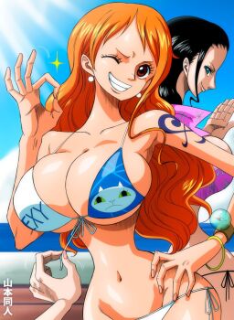 1boy 2girls alternate_costume bikini bikini_pull black_bikini black_hair blue_eyes blue_sky breasts clothes_pull day disembodied_hand grin hana_hana_no_mi hand_on_own_hip hetero large_breasts long_hair looking_at_viewer looking_back multiple_girls nami_(one_piece) navel nico_robin official_alternate_costume ok_sign one_eye_closed one_piece one_piece_film:_gold orange_hair pink_shirt shiny_skin shirt shoulder_tattoo side-tie_bikini_bottom simple_background sky smile swimsuit tattoo thong thong_bikini undressing wink yamamoto_doujin