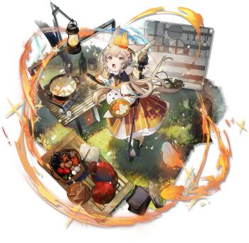 1girl animal_ears arknights brown_hair dress frilled_hairband frills grey_hair hairband highres holding long_hair long_sleeves looking_at_viewer nishikikope official_art open_mouth orange_eyes orange_skirt rabbit_ears rabbit_girl ribbon ribbon-trimmed_hairband shirt skirt solo source_request warmy_(arknights)