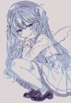 1girl angel_wings bell beret black_shoes blue_hair blush bow commentary fang hair_bell hair_ornament hat highres ichiya_refi long_hair monochrome original ribbon school_uniform serafuku shoes simple_background skin_fang skirt smile symbol-only_commentary twintails white_background white_bow white_serafuku white_skirt wings