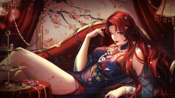 Rule 34 | 1girl, 629de168000000002102acc1, arm rest, breasts, cabernet (path to nowhere), chair, chaise longue, china dress, chinese clothes, dress, hand up, highres, long hair, looking at viewer, lounge chair, medium breasts, mole, mole under mouth, path to nowhere, reclining, red hair, red lips, solo, very long hair