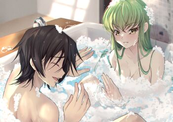 1boy 1girl ^_^ absurdres bare_shoulders bathtub black_hair blush breasts budgiepon c.c. cleavage closed_eyes code_geass commentary completely_nude convenient_censoring couple crossed_bangs day eyelashes eyes_visible_through_hair green_hair grin hair_between_eyes hair_over_shoulder hetero highres indoors lelouch_vi_britannia long_hair looking_at_another medium_breasts mixed-sex_bathing nude open_mouth partially_submerged profile shared_bathing short_hair sidelighting smile soap_bubbles soap_censor spiked_hair splashing straight_hair teeth upper_teeth_only v-shaped_eyebrows water water_drop wet wet_hair yellow_eyes