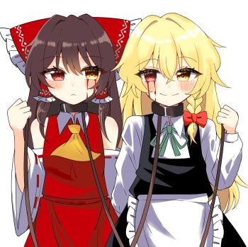 Rule 34 | 2girls, apron, arm behind back, ascot, bagu (bagubagu cr7), bare shoulders, black dress, blonde hair, blood, blood on face, blush, body part swap, bow, braid, brown hair, closed mouth, collared shirt, commentary, detached sleeves, dress, english commentary, frilled apron, frilled bow, frilled hair tubes, frills, green ribbon, hair between eyes, hair bow, hair tubes, hakurei reimu, hand up, highres, holding, holding leash, kirisame marisa, leash, long sleeves, looking at another, looking to the side, multiple girls, neck ribbon, nontraditional miko, red bow, red eyes, red shirt, red skirt, ribbon, ribbon-trimmed sleeves, ribbon trim, shirt, side braid, simple background, skirt, sleeve cuffs, smile, touhou, white apron, white background, white shirt, yellow ascot, yellow eyes