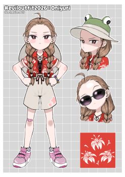 1girl absurdres ahoge artist_name bandaid bandaid_on_knee bandaid_on_leg black_shirt bracelet braid brown_hair brown_shorts closed_mouth collared_shirt commentary evil_neuro-sama forehead full_body hashtag-only_commentary highres jewelry lethediana415 long_hair multiple_views necklace neuro-sama open_clothes open_shirt pink_shoes red_eyes red_shirt shirt shirt_tucked_in shoes short_hair shorts standing sunglasses symbol-only_commentary twin_braids vedal_ai virtual_youtuber