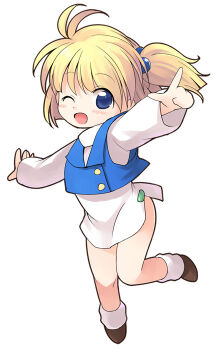 1girl blonde_hair blue_eyes blue_vest blush brown_shoes commentary_request dress emurin full_body hair_bobbles hair_ornament looking_at_viewer one_eye_closed one_side_up open_mouth presia_zenoskis shoes short_dress short_hair simple_background smile socks solo super_robot_wars super_robot_wars_the_lord_of_elemental vest white_background white_dress white_socks