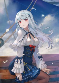 1girl absurdres blue_bow blue_ribbon blue_skirt blue_sky bow breasts capelet cleavage cloud cloudy_sky crescent crescent_hair_ornament frilled_sleeves frills hair_ornament harada_isuka hashtag-only_commentary high-waist_skirt highres hoshizuki_lunna indie_virtual_youtuber long_hair long_sleeves looking_at_viewer medium_breasts petals red_eyes ribbon shirt skirt sky smile solo virtual_youtuber white_capelet white_hair white_petals white_shirt