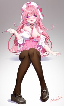 1girl :d ahegao ahoge animal_ears artist_name atsuishio bandaid bandaids_on_nipples bare_shoulders black_choker black_pantyhose black_shoes blush breasts brooch chemise choker cleavage covered_erect_nipples crossed_bandaids crossed_bangs detached_collar detached_sleeves dress floppy_ears frilled_dress frills full_body hair_ornament hair_tie hairclip hand_up hat heart heart-shaped_pupils heart_ahoge heart_brooch highres holding holding_syringe in_heat jewelry large_breasts light_blush looking_at_viewer lop_rabbit_ears mary_janes nose_blush nurse_cap official_alternate_costume one_breast_out open_mouth pantyhose pasties pink_chemise pink_dress pink_eyes providence_project puffy_sleeves rabbit-shaped_pupils rabbit_ear_footwear rabbit_ears rabbit_hair_ornament safety_pin shirako_(vtuber) shoes sidelocks sitting smile solo strap symbol-shaped_pupils symbol_in_eye syringe virtual_youtuber wardrobe_malfunction white_dress x_hair_ornament