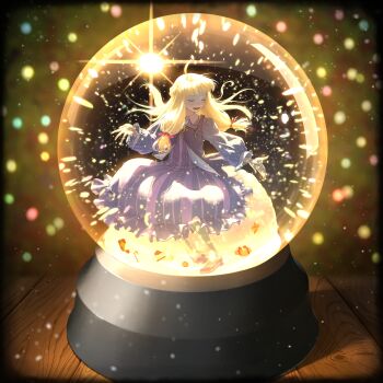 1girl absurdres ahoge bad_id bad_pixiv_id blue_shirt closed_eyes dress frilled_dress frills full_body gift highres long_hair long_sleeves mko_(artist) open_mouth puffy_long_sleeves puffy_sleeves purple_dress purple_vest red_shoes shirt shoes sitting smile snow_globe solo sonia_(tales_of_crestoria) striped_clothes striped_dress tales_of_(series) tales_of_crestoria teeth vertical-striped_clothes vertical-striped_dress vest