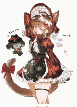 1boy 1girl animal_ears animalization apron arm_behind_head ayase_momo black_apron black_hat blush bonnet bow brown_eyes brown_hair cat_ears cat_girl cat_tail cowboy_shot crossed_bangs dandadan de557777 dog dress earrings fedora hair_between_eyes hair_bow hat highres jewelry juliet_sleeves long_sleeves medium_hair one_eye_closed open_mouth puffy_sleeves red_bonnet red_bow red_dress smile tail tail_bow tail_ornament takakura_ken_(dandadan) thigh_strap waist_apron white_background