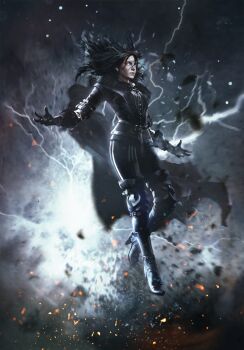 black_cloak black_hair boots cloak gwent_(game) high_heel_boots high_heels highres lightning non-web_source pants realistic the_witcher_(series) the_witcher_3 witch yennefer yennefer_of_vengerberg