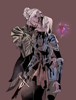 Rule 34 | 2girls, arm around waist, armor, baldur's gate, baldur's gate 3, black blood, blood from forehead, blood, blood on face, bloody weapon, breastplate, brown background, commentary, cowboy shot, dagger, dungeons & dragons, english commentary, eye contact, hair bun, hand on another's cheek, hand on another's face, highres, holding, holding dagger, holding knife, holding weapon, j jsh, knife, looking at another, minthara, multiple girls, pauldrons, pointy ears, shoulder armor, simple background, single hair bun, smile, standing, stylized blood, tav (baldur's gate), vambraces, weapon, white hair, yuri