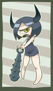 1girl angry arc_system_works barefoot black_dress black_hair blush club club_(weapon) cyclops demon_girl demon_horns dress fangs flat_chest grey_background holding holding_club holding_weapon horns k-nattoh loli looking_at_viewer magical_beat one-eyed oni open_mouth sally_(magical_beat) short_hair sleeveless sleeveless_dress spiked_club standing striped_background weapon yellow_eyes