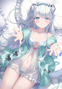 1girl akie_(44265104) animal_ear_fluff animal_ears babydoll blue_eyes blush bonnet breasts cleavage collarbone commission cowboy_shot earrings green_jacket head_on_pillow highres indie_virtual_youtuber jacket jewelry long_hair lying navel on_bed open_clothes open_jacket outstretched_arms panties parted_lips pillow ren_kohaku_(vtuber) skeb_commission small_breasts snow_leopard_ears snow_leopard_girl snow_leopard_tail solo thighs underwear virtual_youtuber white_babydoll white_hair white_panties