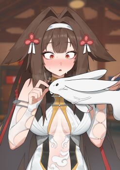1girl animal_ears blurry blurry_background blush breath brown_hair commentary_request detached_sleeves dress flasso fox_ears fox_girl hair_intakes hairband highres long_hair open_mouth rabbit red_eyes see-through_clothes sweatdrop white_dress white_hairband ye_shunguang zenless_zone_zero