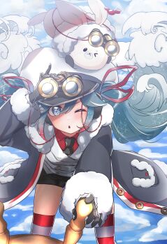 >_o 1girl 1other absurdres aqua_eyes aqua_hair arm_up binoculars black_coat black_gloves black_necktie black_shorts blush coat collared_shirt commentary_request crab fur-trimmed_coat fur-trimmed_sleeves fur_trim gloves gradient_hair hair_between_eyes hair_ornament hair_ribbon hat hatsune_miku highres holding holding_binoculars jacket long_hair long_sleeves looking_at_viewer multicolored_hair necktie official_alternate_costume official_alternate_hairstyle one_eye_closed open_mouth peaked_cap rabbit rabbit_yukine red_ribbon red_shirt ribbon sailor_hat ship's_wheel shirt short_shorts shorts striped_clothes striped_thighhighs suzakunagato thighhighs twintails very_long_hair vocaloid white_hair white_jacket yuki_miku yuki_miku_(2022)