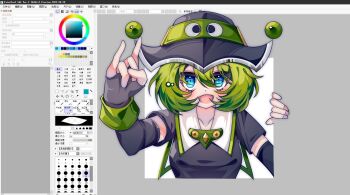 Rule 34 | 1girl, :d, belt, blue eyes, blush, collarbone, commentary, cuffs, ebm7-5, elbow gloves, gloves, green belt, green hair, hat, highres, kartrider, looking at viewer, open mouth, orb, painttool sai, painttool sai (medium), romaji commentary, romaji text, short hair, smile, solo, tiera (kartrider), witch hat, wrist cuffs