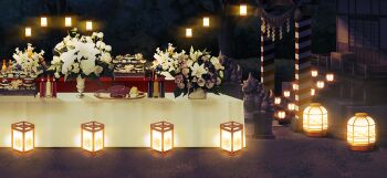 andon architecture box bush cheese donation_box east_asian_architecture flower food game_cg glass_bottle hakurei_shrine ham komainu lantern night no_humans non-web_source official_art outdoors path plate purple_flower purple_rose road rope rose scenery shide shimenawa shrine stairs stone_lantern touhou touhou_gensou_eclipse tree white_flower white_rose