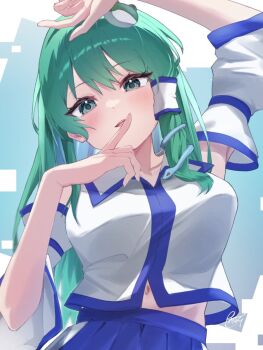 1girl blue_skirt bluerhozu blush breasts commentary_request detached_sleeves frog_hair_ornament green_background green_eyes green_hair hair_ornament hair_tubes highres kochiya_sanae long_hair long_sleeves looking_at_viewer open_mouth single_hair_tube skirt smile snake_hair_ornament solo touhou upper_body
