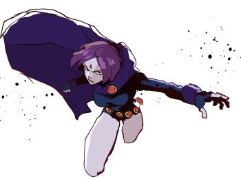 1girl angry animification belt black_eyes breasts clenched_hand cloak closed_mouth colored_skin dc_comics fingerless_gloves flat_color floating floating_clothes forehead forehead_jewel foreshortening gloves grey_skin highres imminent_punch isaacchief300 leotard long_sleeves looking_at_viewer medium_hair open_hand outstretched_arm paint_splatter parted_hair purple_cloak purple_hair raven_(dc) simple_background sleeved_leotard small_breasts solo thighs white_background wide_shot