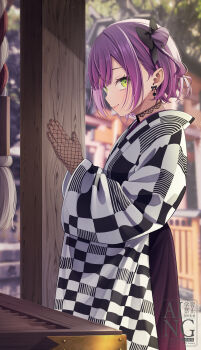 Rule 34 | 1girl, absurdres, aoba takeru, black bow, blunt bangs, blurry, blurry background, bow, box, checkered clothes, checkered kimono, choker, closed mouth, commentary request, cowboy shot, donation box, earrings, fishnet gloves, fishnets, from side, gloves, green eyes, hair bow, hatsumoude, highres, hololive, japanese clothes, jewelry, kimono, kouhaku nawa, lace, lace choker, looking at viewer, new year, outdoors, own hands together, palms together, praying, purple hair, rope, shimenawa, short hair, shrine, smile, solo, tokoyami towa, tokoyami towa (new year), two side up, virtual youtuber, watermark, white kimono