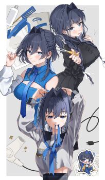 1girl 380_(artist) adjusting_hair arms_up black_dress blue_eyes blue_hair blue_necktie blue_ribbon blue_sailor_collar blue_shirt blunt_bangs blush braid breasts brown_jacket cable cleavage cleavage_cutout closed_mouth clothing_cutout comb commentary denim detached_sleeves dress earrings english_commentary facing_viewer flower grey_background hair_between_eyes hair_intakes highres holding holding_scissors hololive hololive_english jacket jeans jewelry large_breasts long_hair looking_at_viewer looking_down lower_teeth_only medium_hair midriff_peek multiple_views necktie open_mouth ouro_kronii ouro_kronii_(4th_costume) ouro_kronii_(casual) ouro_kronii_(maid) pants paper red-framed_eyewear ribbon sailor_collar school_uniform scissors serafuku shirt short_hair sidelocks simple_background smile sparkle standing star_ornament teeth twin_braids upper_body virtual_youtuber white_shirt white_sleeves yellow_flower