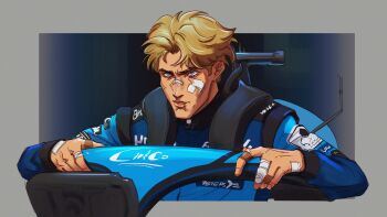 1boy absurdres alternate_universe bandage_on_face bandaged_fingers bandages bandaid bandaid_on_finger bandaid_on_hand blonde_hair blood blood_from_mouth blue_eyes blue_jumpsuit blue_racing_suit blue_theme border commentary crossover english_commentary english_text fantastic_four formula_one grey_border highres implied_after_fight injury johnny_storm jumpsuit male_focus marvel solo underscorecip upper_body