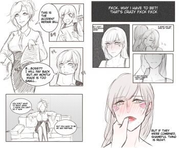 Rule 34 | 2girls, age difference, blackmail, blush, collarbone, comic, couch, d.va (overwatch), facial mark, finger in another's mouth, long hair, long sleeves, mercy (overwatch), monochrome, multiple girls, overwatch, overwatch 1, paper, ponytail, servandakin, sexual extortion, shirt, sitting, yuri