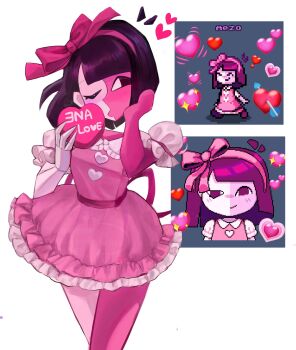 blunt_bangs blunt_ends blush bow colored_skin dress ena_(series) ena_(species) hair_bow hairband highres lolita_fashion low_poly multicolored_skin pink_dress red_skin split-color_skin two-tone_skin usagimarumei