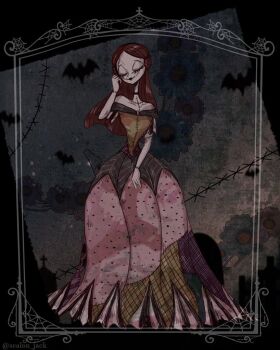 1girl colored_skin darkjack618 dress full_body long_hair patchwork_clothes patchwork_skin pinstripe_pattern red_hair sally_(nbc) smile stitched_arm stitched_face stitches striped_clothes tagme the_nightmare_before_christmas toon_(style)