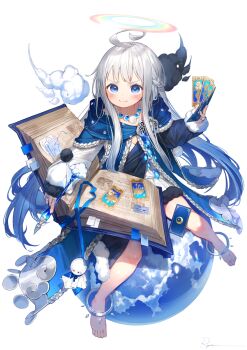 1girl ahoge anklet ball barefoot blue_cloak blue_ribbon blue_theme blush book braid card cloak closed_mouth cloud commentary dress halo highres holding holding_book holding_card holding_pen jewelry long_hair long_sleeves looking_at_viewer multicolored_halo necklace open_book original pen rainbow rainbow_halo revision ribbon ring ryota_(ry_o_ta) simple_background sitting sleeves_past_wrists solo sweat thick_eyebrows thighs very_long_hair white_background white_dress white_hair