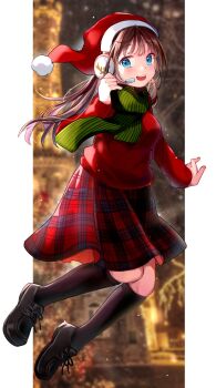 1girl black_shoes black_socks blue_eyes brown_hair commentary_request duckmo green_scarf hat headset highres kneehighs long_hair long_sleeves looking_at_viewer open_mouth original outside_border plaid_clothes plaid_skirt red_hat red_skirt red_sweater santa_hat scarf shoes skirt socks solo sweater teeth upper_teeth_only
