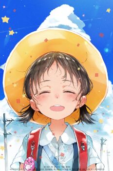 1girl :d ^_^ backpack bag black_hair blue_sky blush brown_hair closed_eyes cloud cloudy_sky collared_shirt commentary_request crime_prevention_buzzer day dress_shirt facing_viewer gomennasai happy hat highres low_twintails open_mouth original outdoors power_lines randoseru school_uniform shirt short_twintails signature sky smile solo star_(symbol) suspenders sweat teeth twintails upper_body upper_teeth_only utility_pole watermark white_shirt yellow_hat