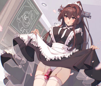 Rule 34 | 1girl, :o, apron, between legs, black dress, blush, box, brown hair, ceiling, chocolate, clothes lift, commentary request, dress, dress lift, flower, garter straps, hair between eyes, hair flower, hair intakes, hair ornament, heart-shaped box, highres, himeyamato, kantai collection, long hair, long sleeves, maid, maid apron, maid headdress, open mouth, panties, pink flower, red eyes, sidelocks, solo, standing, thighhighs, underwear, valentine, white garter straps, white panties, white thighhighs, yamato (kancolle)