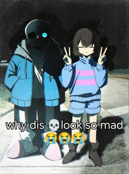 1boy 1other ^_^ absurdres ankle_boots ankle_socks aqua_eyes bare_legs black_shorts black_sky blue_jacket blue_shorts blue_sweater bob_cut boots brown_boots brown_hair chinese_commentary chromatic_aberration closed_eyes closed_mouth commentary_request denim denim_shorts double_v drawstring english_text eyes_in_shadow facing_viewer film_grain frisk_(undertale) full_body glowing glowing_eye grey_hood hair_between_eyes hanbaobaobaozhu hands_in_pockets hands_up highres hood hood_down hooded_jacket jacket long_sleeves looking_at_viewer meme night open_clothes open_jacket outdoors photo_background pink_slippers pink_sweater puffy_long_sleeves puffy_sleeves sans_(undertale) shadow shirt short_hair shorts single_vertical_stripe skeleton sky slippers smile socks standing straight-on striped_clothes striped_sweater sweater turtleneck turtleneck_sweater two-tone_sweater undertale utdr_(toby_fox) v white_shirt white_socks why_dis_ninja_look_so_mad_(meme)