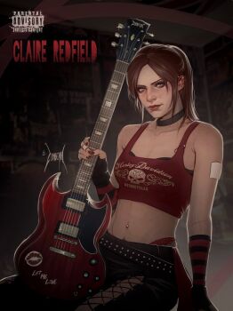 1girl arm_warmers belt black_bra bra breasts brown_hair character_name claire_redfield cleavage commentary cowboy_shot crop_top english_commentary green_eyes guitar highres holding holding_guitar holding_instrument instrument looking_at_viewer pantylines ponytail red_nails red_shirt resident_evil shirt sidelocks smirk striped_arm_warmers underwear zombiyh