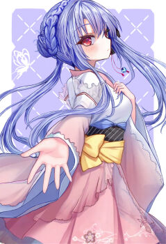 1girl animal_print blue_hair blush border bow braid butterfly_print closed_mouth commentary_request crown_braid eyelashes feet_out_of_frame floating_hair floral_print floral_print_skirt from_side gensou_roukaku hair_between_eyes hair_bun highres japanese_clothes kimono long_hair long_sleeves looking_at_viewer nontraditional_miko outside_border outstretched_arm outstretched_hand pink_skirt print_skirt purple_background reaching reaching_towards_viewer red_eyes sidelocks simple_background single_hair_bun skirt smile solo sorakado_ao standing summer_pockets very_long_hair white_border white_kimono wide_sleeves yellow_bow