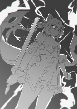 1girl absurdres afterimage bow closed_mouth cone_hair_bun frills genshin_impact greyscale hair_between_eyes hair_bun highres holding holding_sword holding_weapon keqing_(genshin_impact) long_hair mazumaro monochrome reverse_grip solo sword twintails weapon
