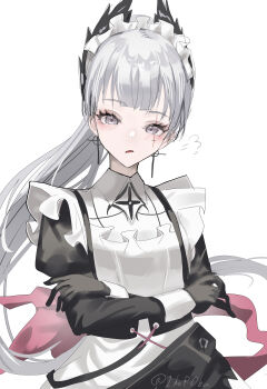 1girl absurdres ambience_synesthesia arknights black_gloves blush commentary_request cross cross_earrings crossed_arms earrings frills gloves grey_eyes highres horobu irene_(arknights) irene_(voyage_of_feathers)_(arknights) jewelry latin_cross long_hair long_sleeves looking_at_viewer maid maid_headdress official_alternate_costume parted_lips ponytail puff_of_air simple_background solo twitter_username watermark white_background white_hair